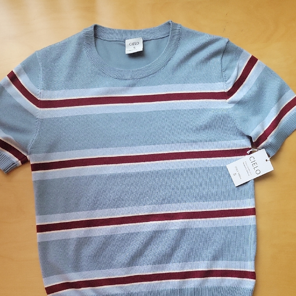 Cielo Light Blue Short Sleeve Stripe Knit Top